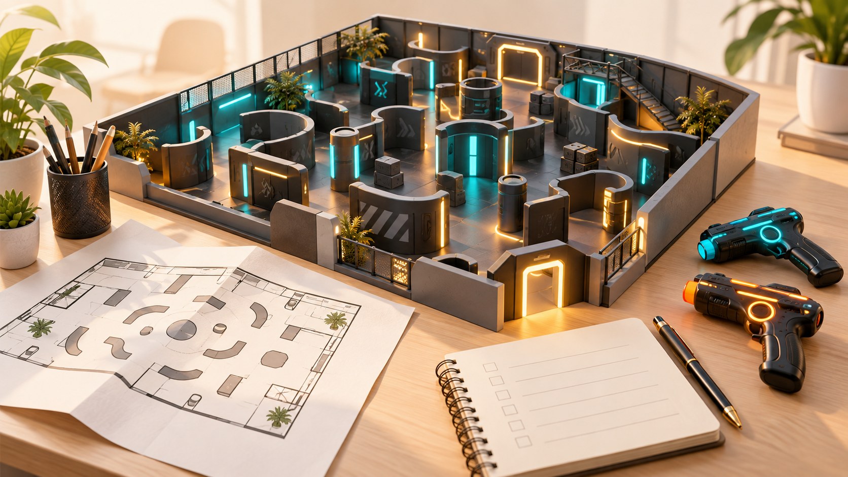 Conceptual illustration of laser tag arena planning with a floor plan and checklist