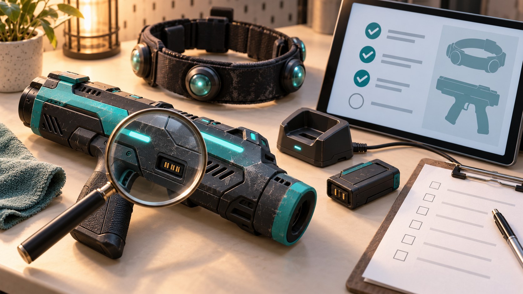 Conceptual used laser tag equipment inspection with a tagger, sensor headband, charger and checklist